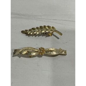 Vintage Gold colored‎ Ribbon Faux Pearl Accent & leaf Elegant hair clipS
